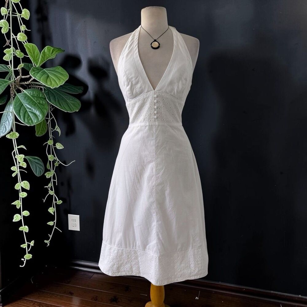 White House Black Market Cottagecore Eyelet White Halter Sundress Size 6